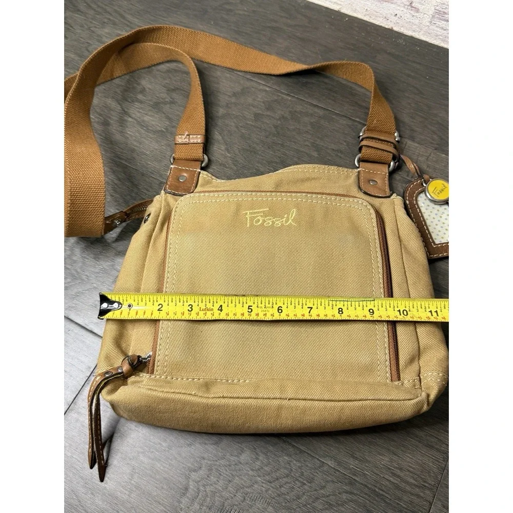 Fossil Canvas Crossbody Shoulder Bag Purse Organizer Leather Trim Adjustable
